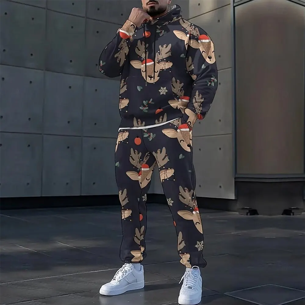 ชุดฮู้ดดี้พิมพ์ลายซานตาคลอส 3 มิติ สำหรับผู้ชาย ชุดลำลองฤดูใบไม้ร่วง เสื้อสเวตเชิ้ตและกางเกงขายาว 2 ชิ้น แฟชั่นสไตล์คริสต์มาส ชุดวอร์ม เสื้อผ้าคริสต์มาส