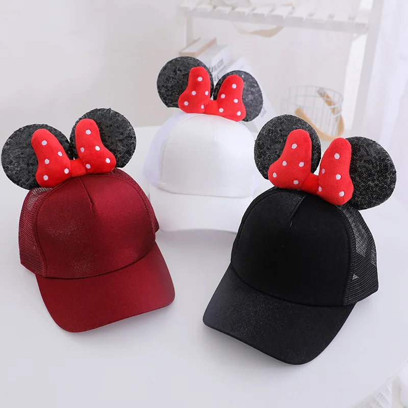 Disney Mickey Minnie Sun Hat Children\'s Baseball Hats Minnie Mouse Bow Big Ears Girls Baseball Cap Casual Sun Protection Hat