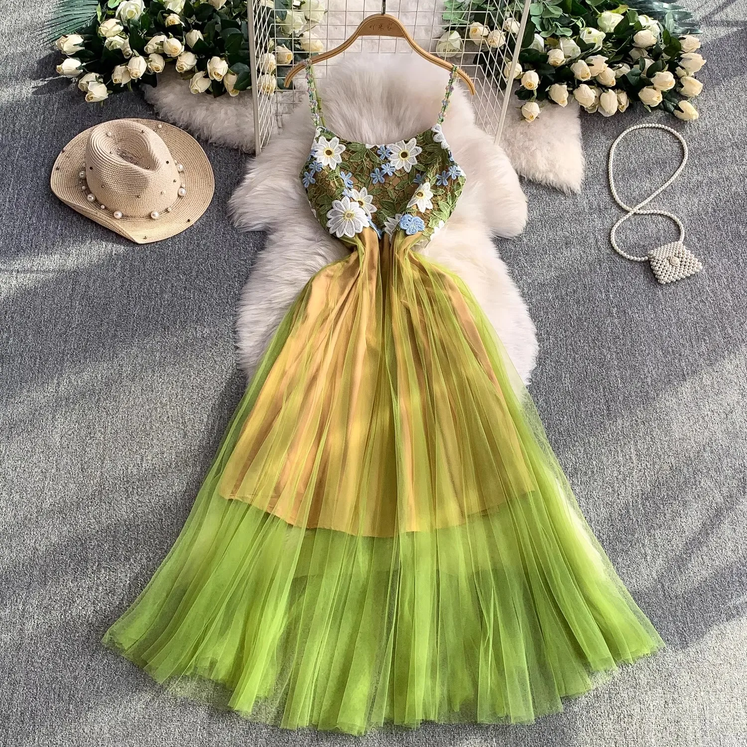 

Elegant Crochet Lace Embroidery Holiday Dress for Women V-Neck Spaghetti Strap High Waist Pleated Tule Mesh Dresses Female New