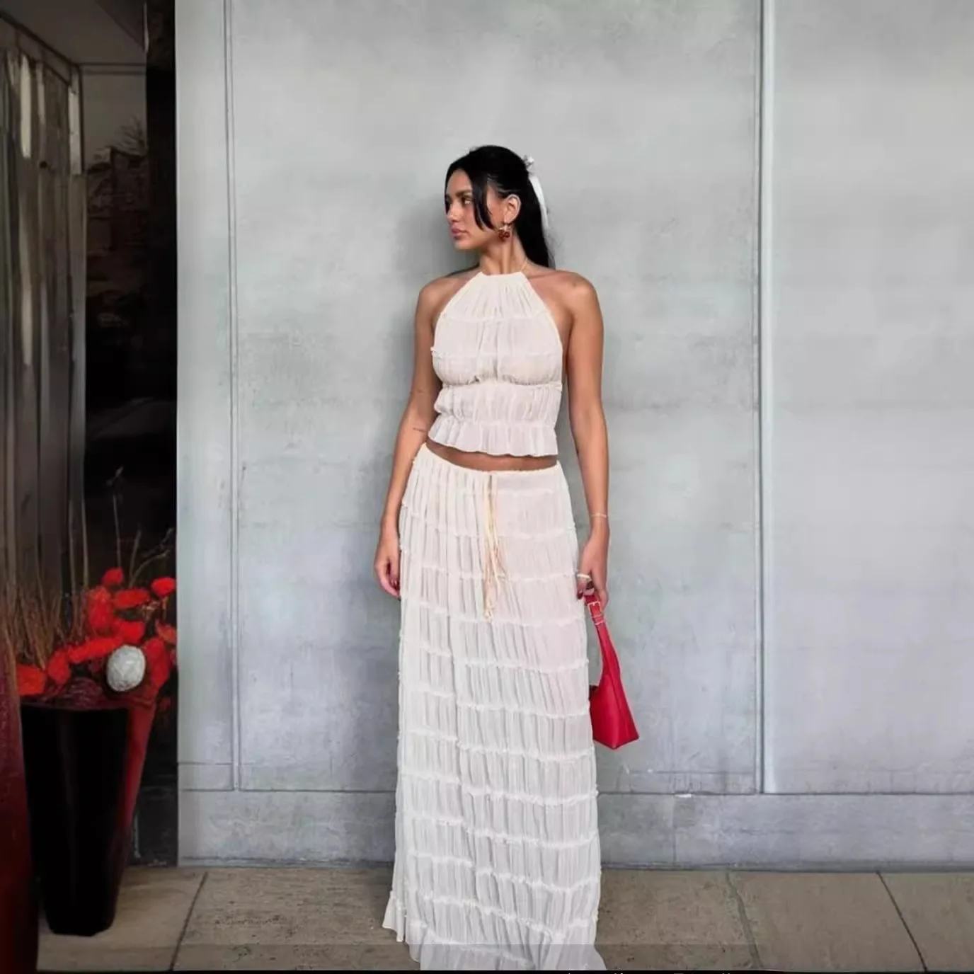 Halter Neck Long Skirt Women Sling Top Elegant Lace Up Fold Maxi Skirts Summer Pleated Sleeveless Backless Tops 2pcs Outfits