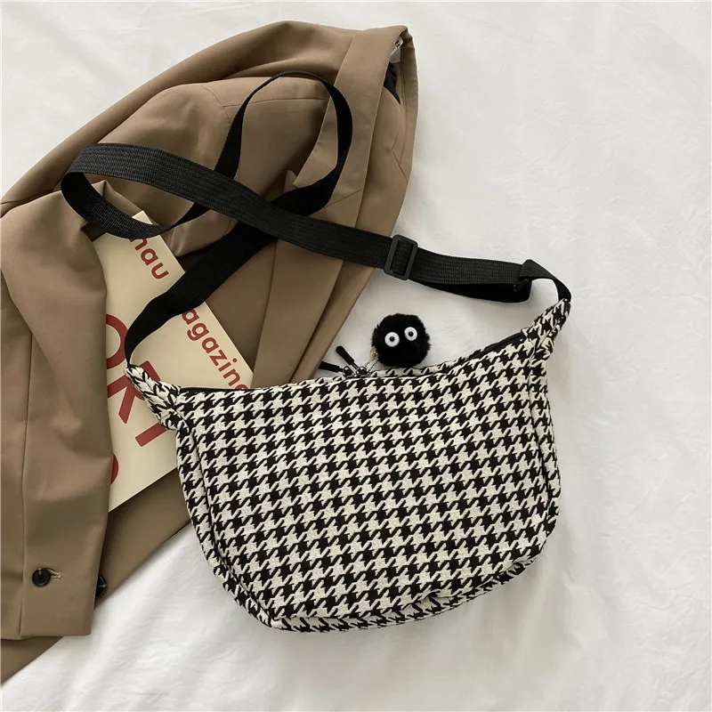 Classic Houndstooth Crossbody Bags Women Ins All Match Zipper Hobos Basic Stylish Shoulder Female Street Chic Simple Teenagers