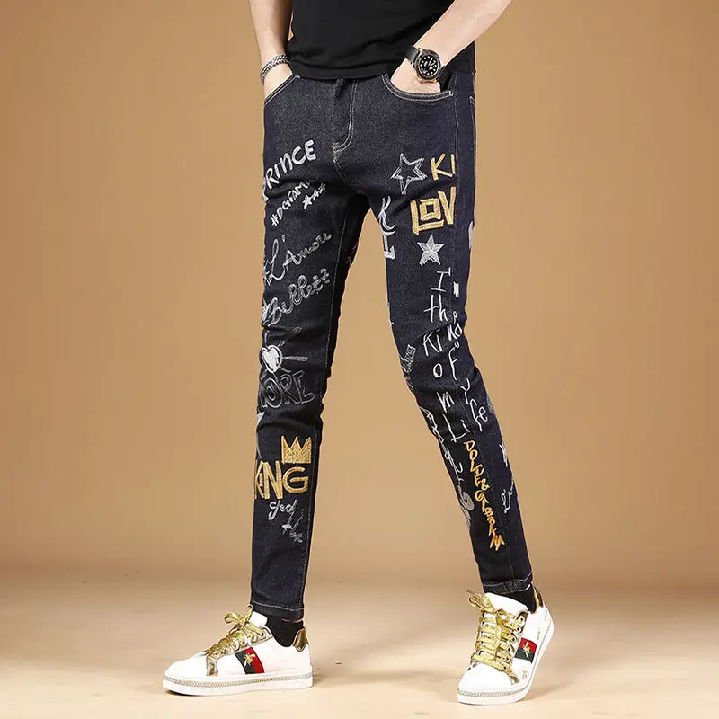 Summer New Embroidered Jeans Men Trendy Brand Korean Version Slim Fit Small Feet Trendy Casual Versatile Stretch Pants