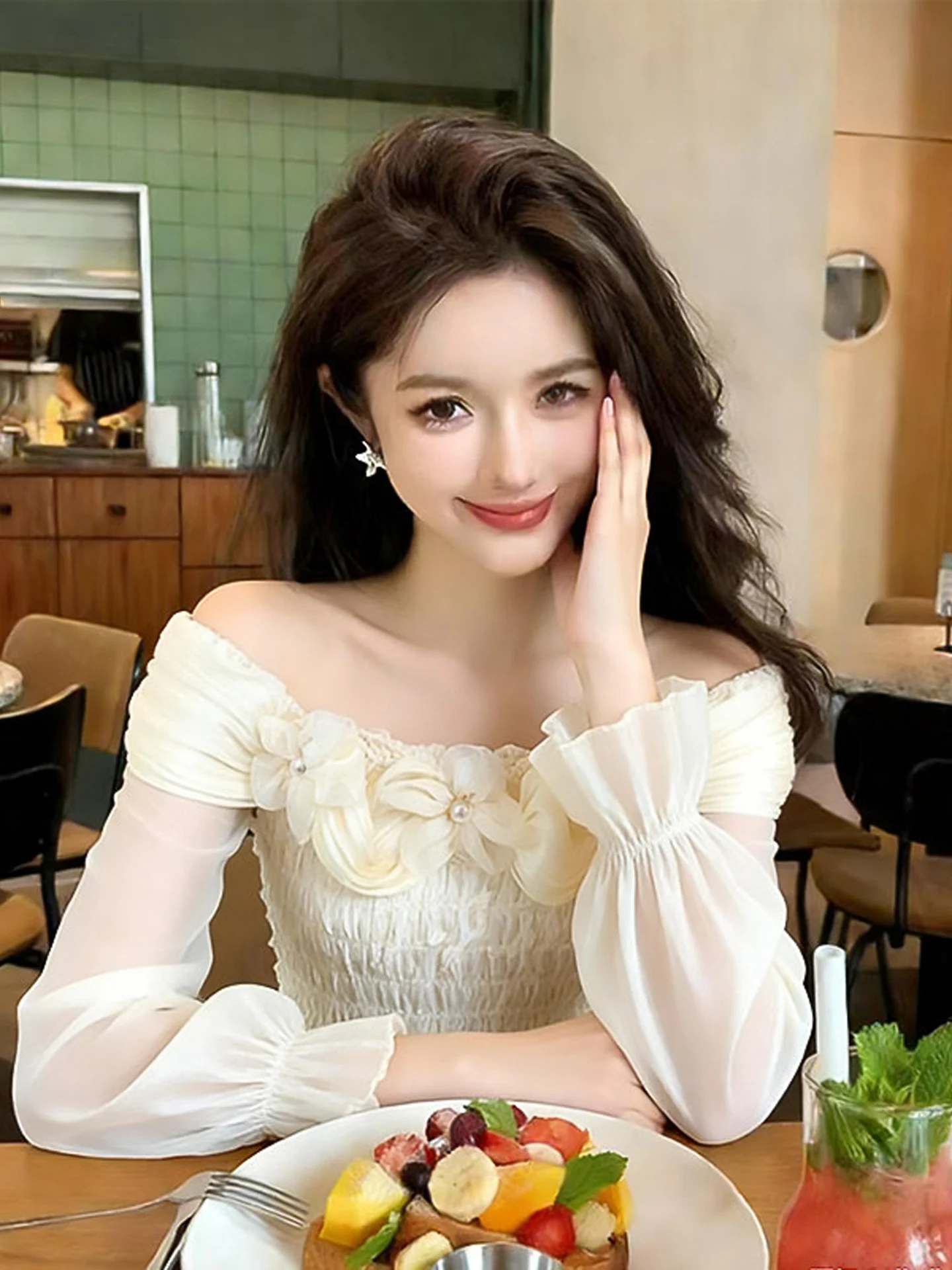 

Новая женская весенняя блузка Sweet Sle с одним рукавом-фонариком, декоративным кружевом и длинным рукавом, белая, из органического бамбукового волокна