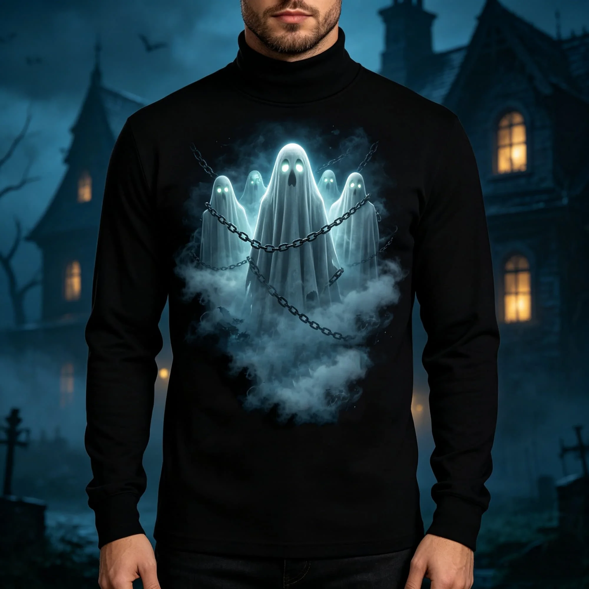 2026 New Men Spooky Phantom Print Turtleneck Long Sleeve T‑Shirt, Halloween Dark Gothic Style Polyester Casual Fall Pullover Tee