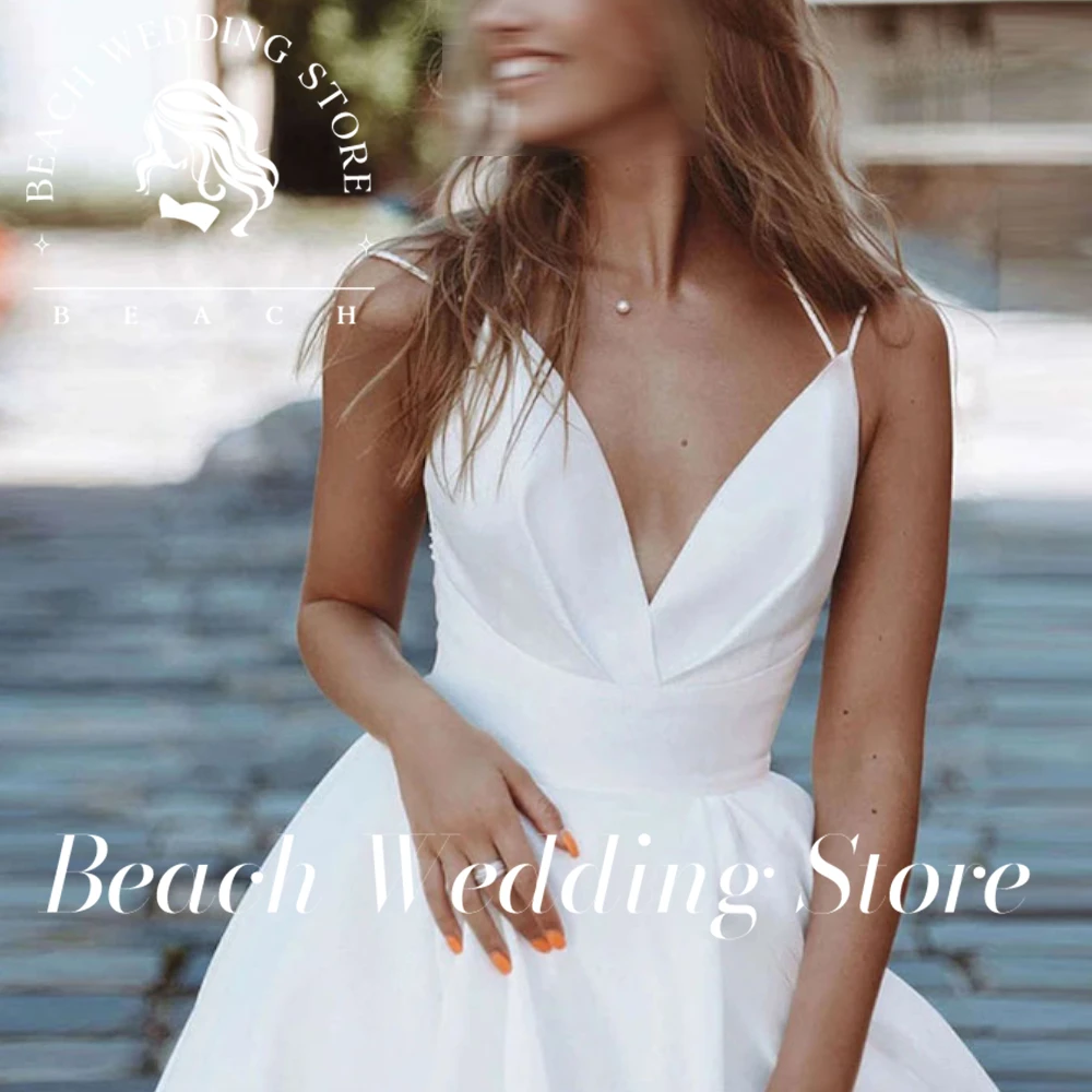 

Beach Customized Spaghetti Straps Backless Elegant Wedding Dress 2025 Floor Length Sleeveless High Side Split Satin Bridal Gowns