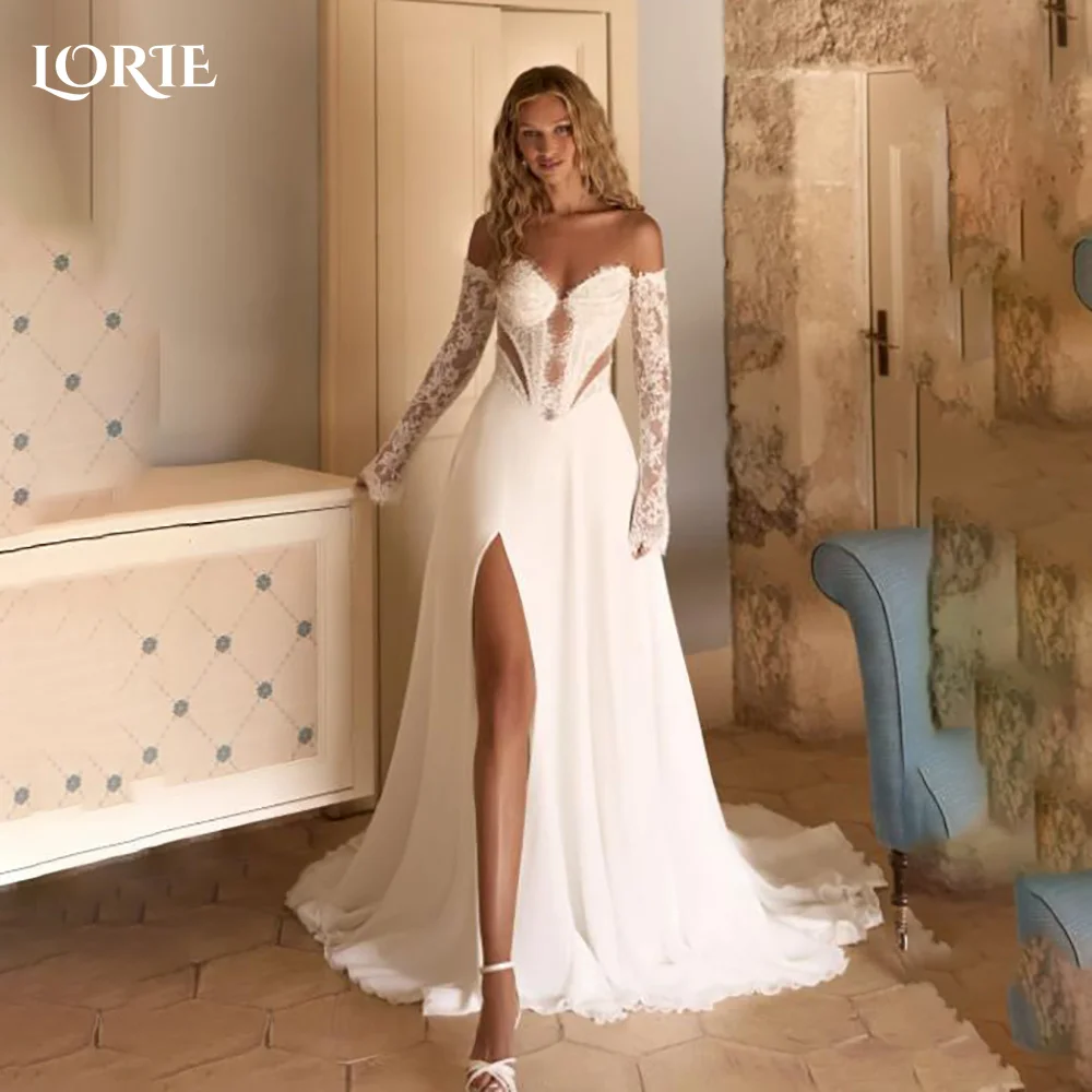 

LORIE High Slit Appliques Wedding Dress 3D Flowers Lace Sweetheart Mermaid Bride Gown Customized Corset Bride Dress No Gloves