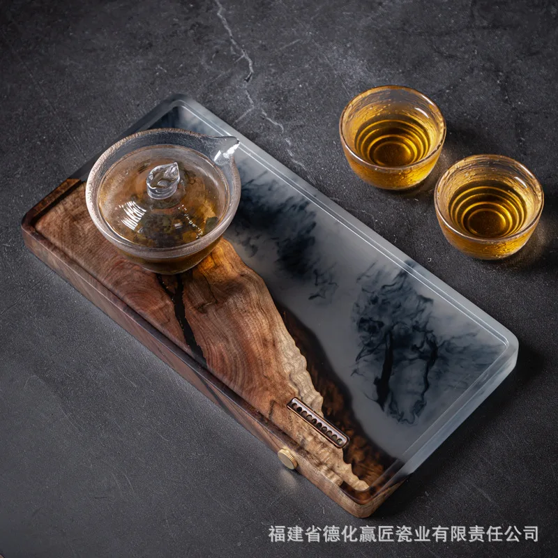 Luxury New Chinese Ink Burl Resin Dry Brew Tea Tray Solid Wood High-end Household Tea Serving Plate