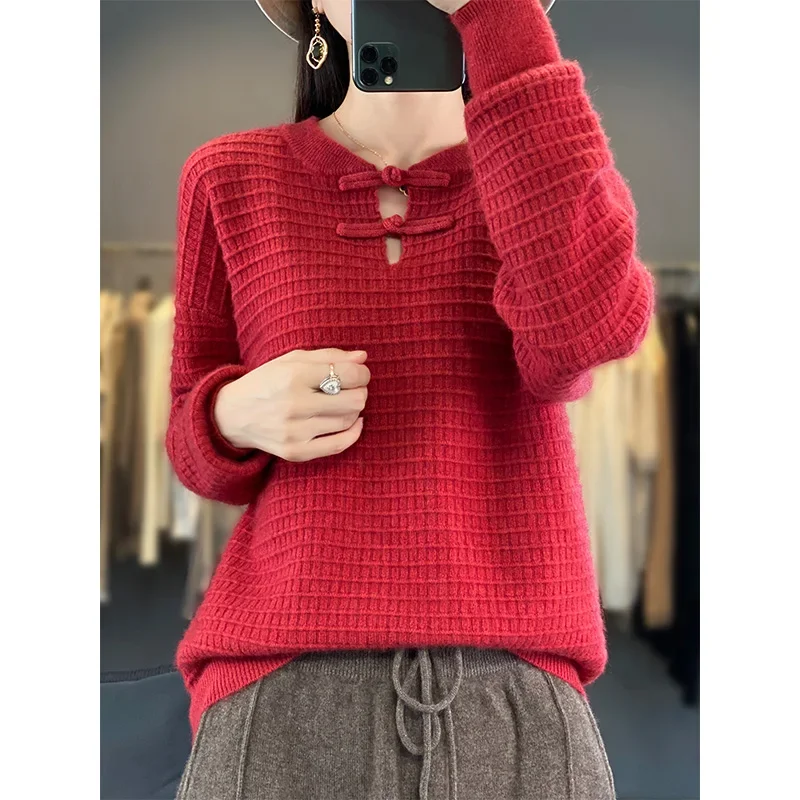 

Women's 100% Wool Cashmere Sweater Knitted Pullover Long Sleeve, Soft Top, Buckle Neck, Monochromatic, 2023, Autumn, Winter, New