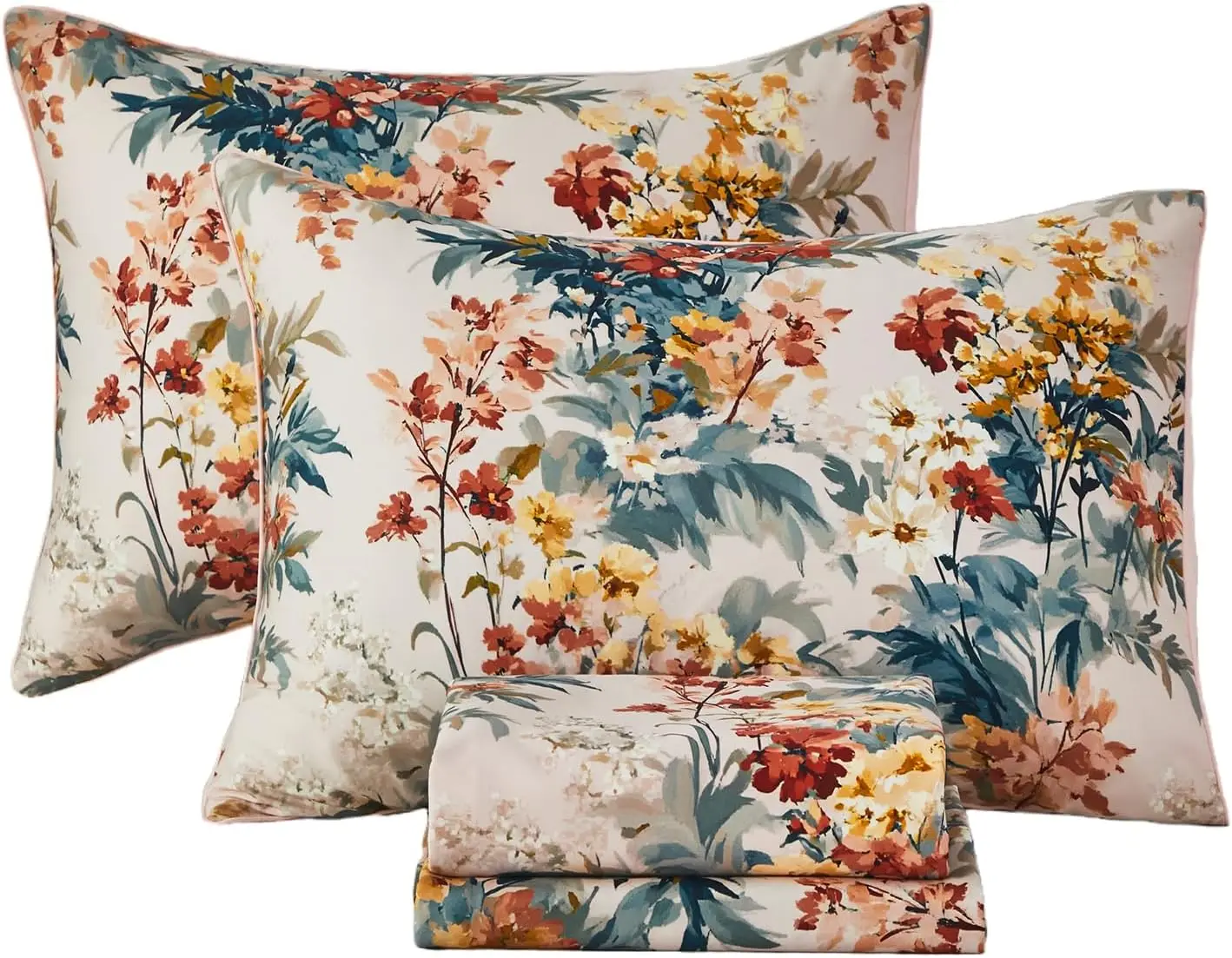 

4-Piece Cotton Sheet Set Queen Size, Soft & Breathable Floral Bedding, Deep Pocket Fitted Sheet, Silky Smooth Sateen Weave