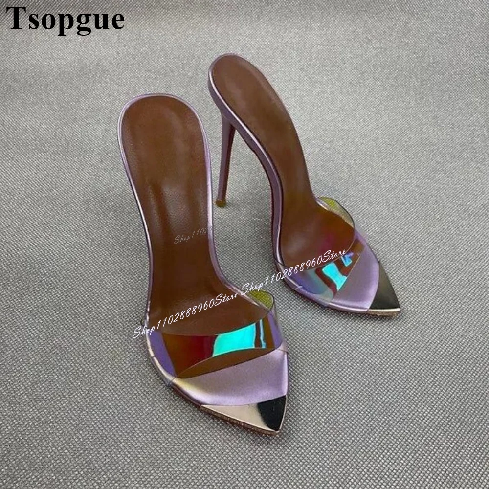 Light Purple PVC Metal Toe Slippers Cut Heel Thin High Heel Women Shoes Slip On Open Toe 2024 Fashionable Zapatos Para Mujere