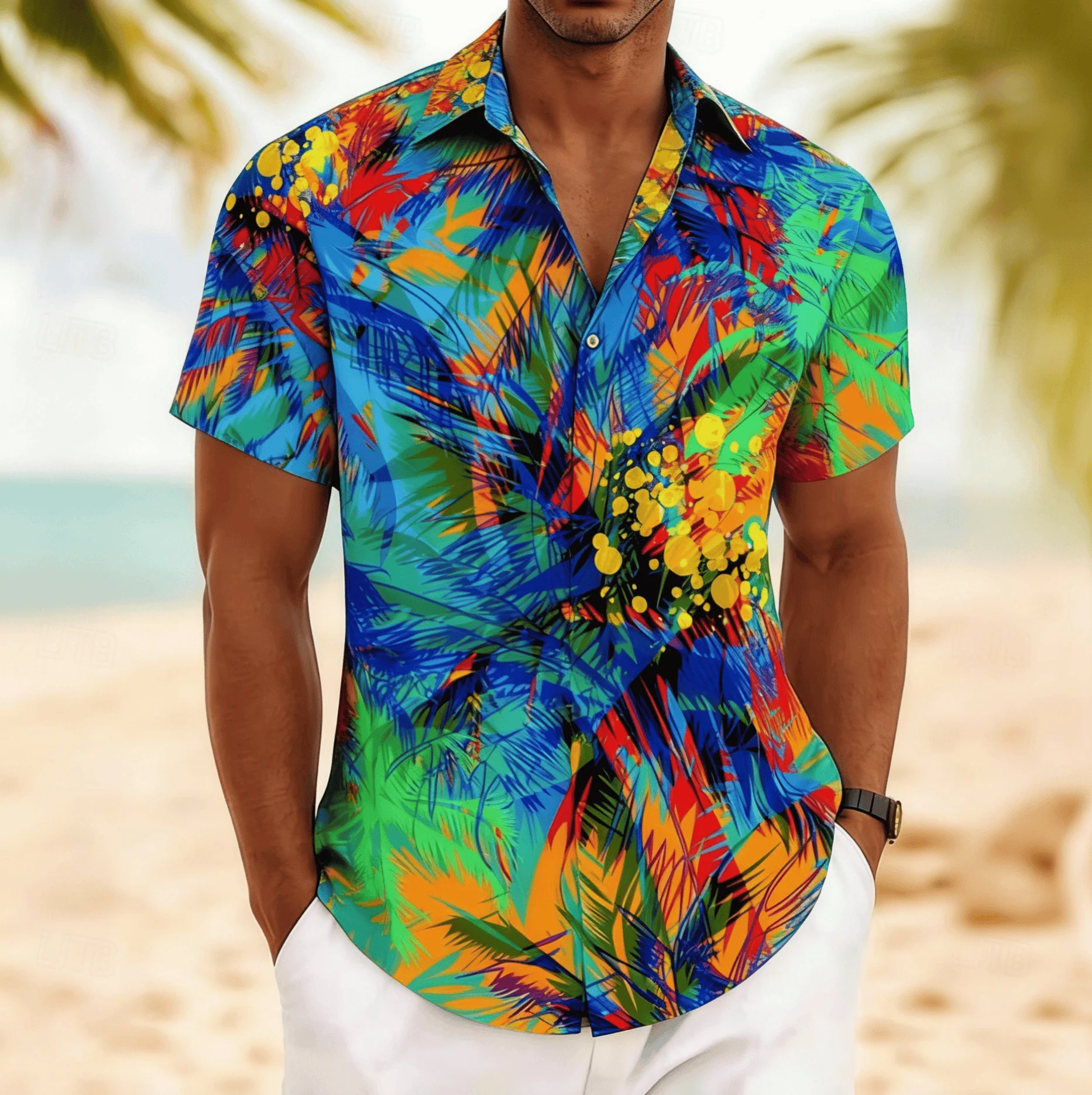 

Men's Block Abstract Tropical Leaf Print Short Sleeve Shirt, Spring Summer Artistic Hawaiian Vacation Blouse, Loose Casual Top