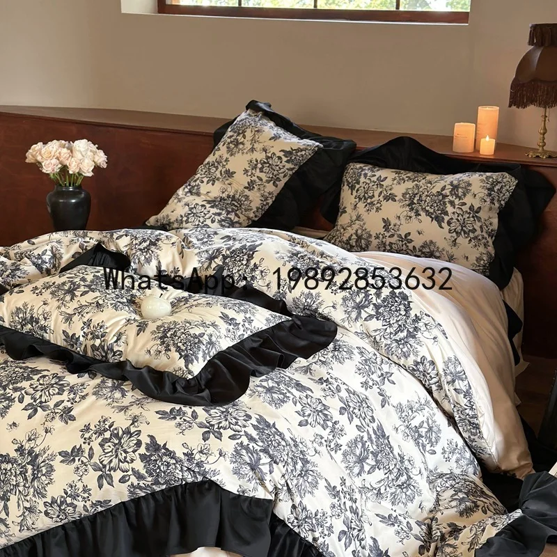 DSA French polished bed skirt long-staple cotton four-piece retro flower quilt cover