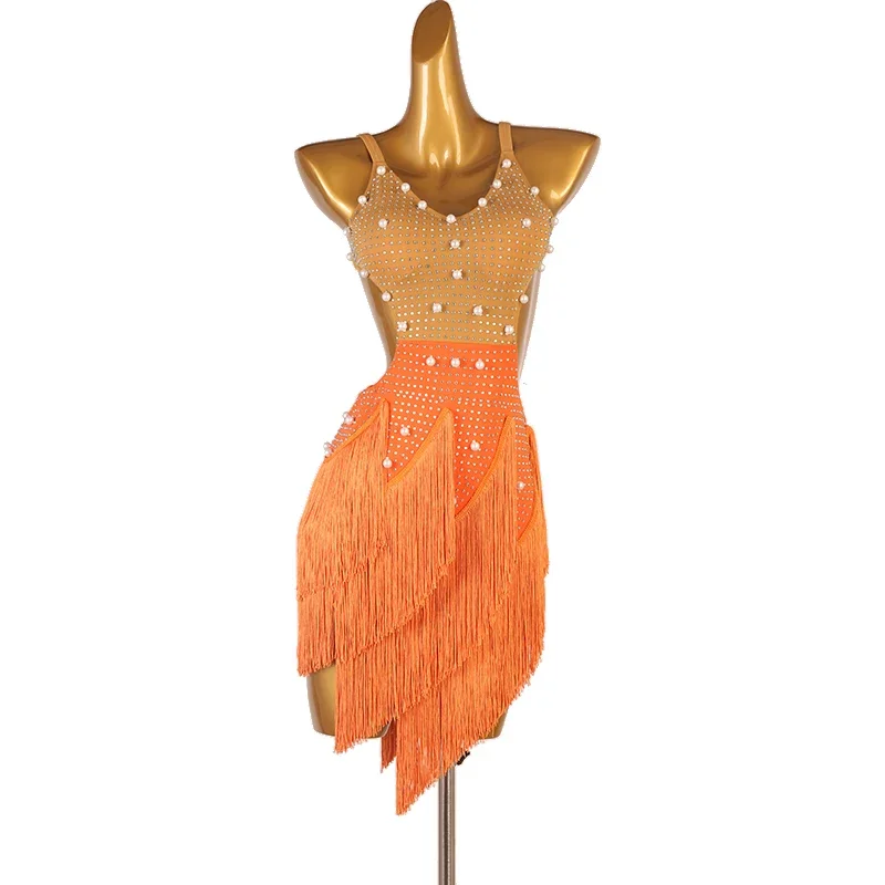 New Latin Dance Hip Wrap Professional Backless Performance Competition Dress Tassels