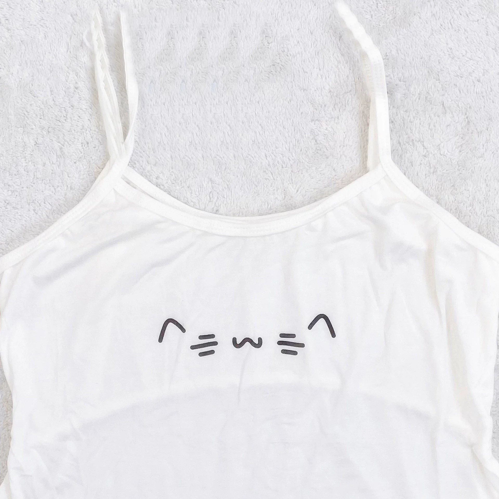 Cute Cat Face Print Women Cami Tank Top White Sleeveless Spaghetti Strap Vest Soft Casual Summer Daily Wear Camisole