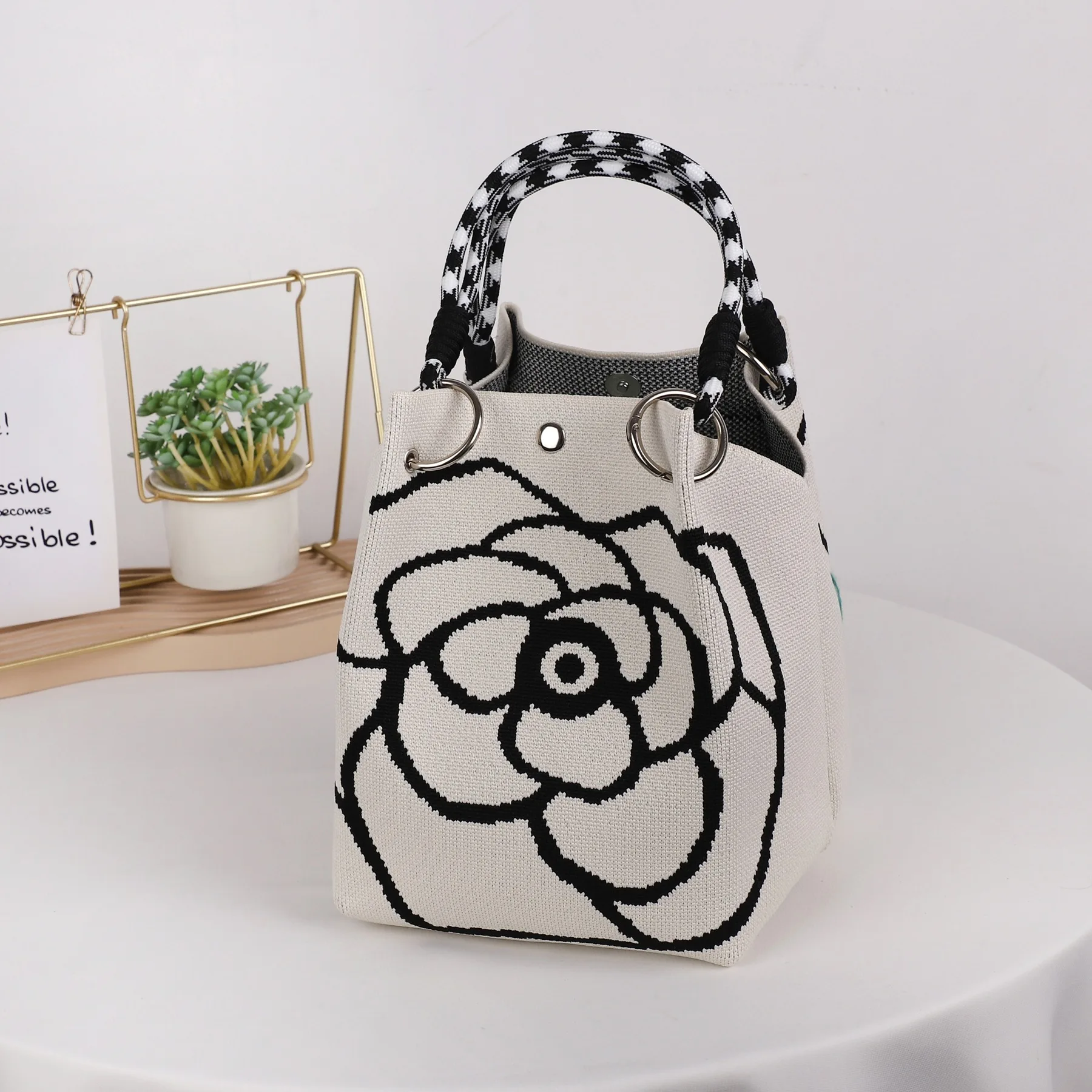 Mini Knitted Bucket Bag Women Small Handbag Geometric Colorblock Wristlet Purse With Detachable Handle