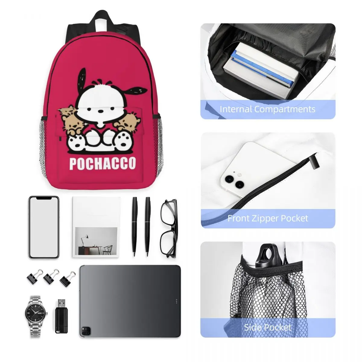 Pochacco 15-Inch Waterproof Backpack - Lightweight Travel Bag with Multiple Pockets for Organization