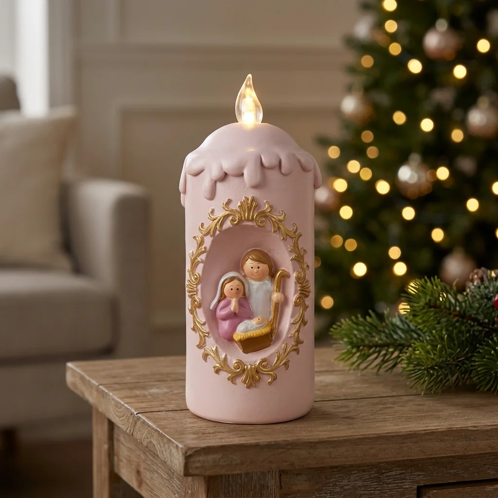 Christmas LED Lantern Pink Simulated Flame Lamp Jesus Birth Pattern Desktop Decoration Night Light Navidad New Year Gifts view 6
