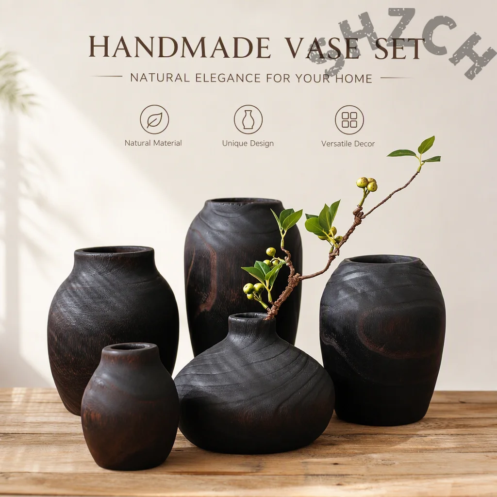 Wabi-Sabi Wooden Vase for Dried Flowers – Minimalist Zen Decor for Entryway, Living Room, or Meditation Space