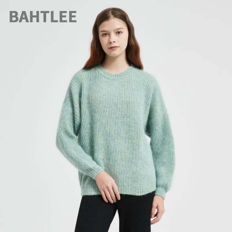 BAHTLEE-Women\'s Alpaca Wool Sweater, Long Sleeves, O-Neck, Knitted, Jacquard, Loose, Superfine, Winter