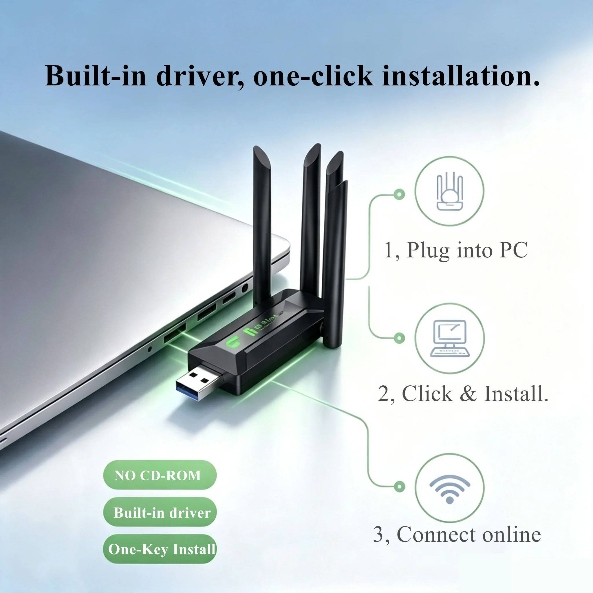 USB WiFi Adapter, 2.4G 4 Antenna Wireless Network, Built-in Driver, One-click Installation, WiFi Receiver For Winds 10/11
