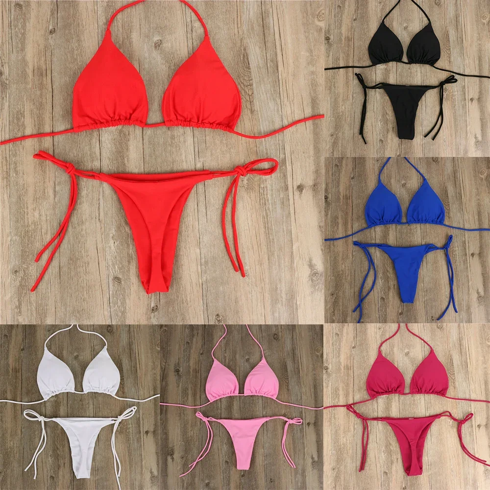 

Women Thong Bikini Set Side Tie Sexy Swimsuit Bandage Style Brazilian Split Swimwear Female Bathing Suits 2024
