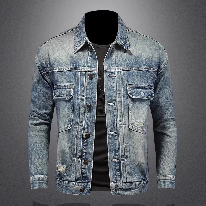 Giacche di jeans con colletto rovesciato di alta qualità da uomo capispalla Casual Vintage moda uomo foro Moto Biker cappotto di jeans tinta unita uomo