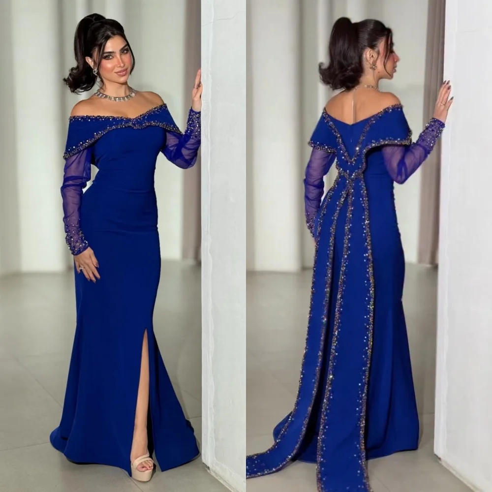 

Customized High Quality Jersey Sequined Pattern Trumpet Off-the-shoulder Long Dresses Bespoke Occasion Evening Fashion