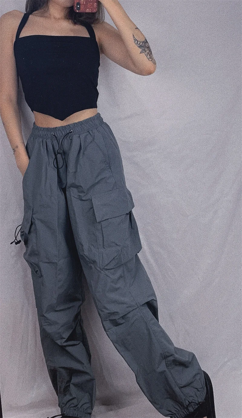 Pantaloni da lavoro American Retro 3D ket Dstring Pantaloni casual da donna a vita alta slim larghi High Street a gamba larga