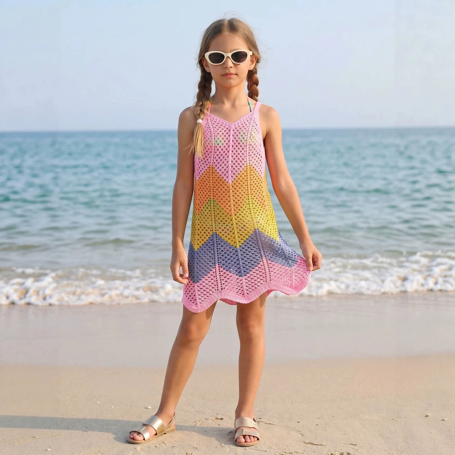 Girls' Rainbow Gradient Hollow Out Knitted Strap Dress Summer Beach Vacation Beach Cover Shirt Outer Dress