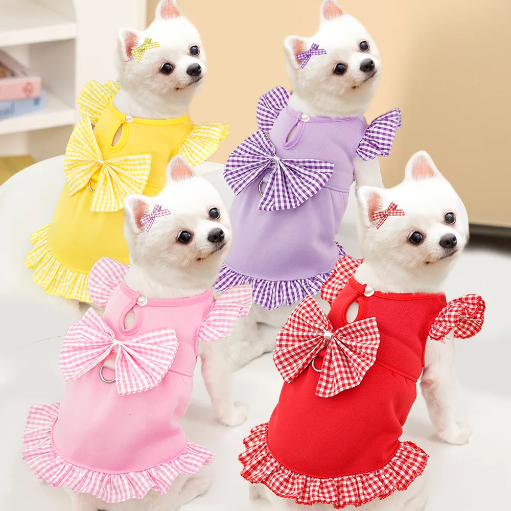

Female Dog Clothes Luxury Flying Sleeve Clothing Bow Hoodie Dress For Small Medium Dogs Shih Tzu Puppy Dresses Skirt Outfits XS