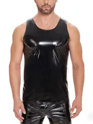 S-5XL Wet Look PVC Tank Top Men Shiny PU Leather Sleeveless Muscle Shirt Tights Sexy Bodybuilding Fitness Gym Hot Shapewear Body