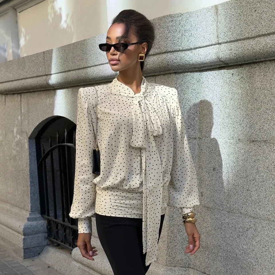 

2026 Spring Summer New Womens Polka Dot Tie Front Blouse Flutter Fashion Elegant Sleeve Loose Chiffon Top