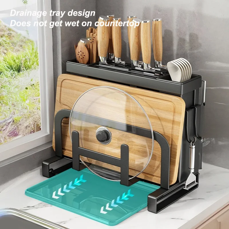 Knife Rack Multifunctional Kitchen Chopstick Rack Pot Lid Chopping Board Storage Racks No-Punch Kitchen Wall Mounted Shelf