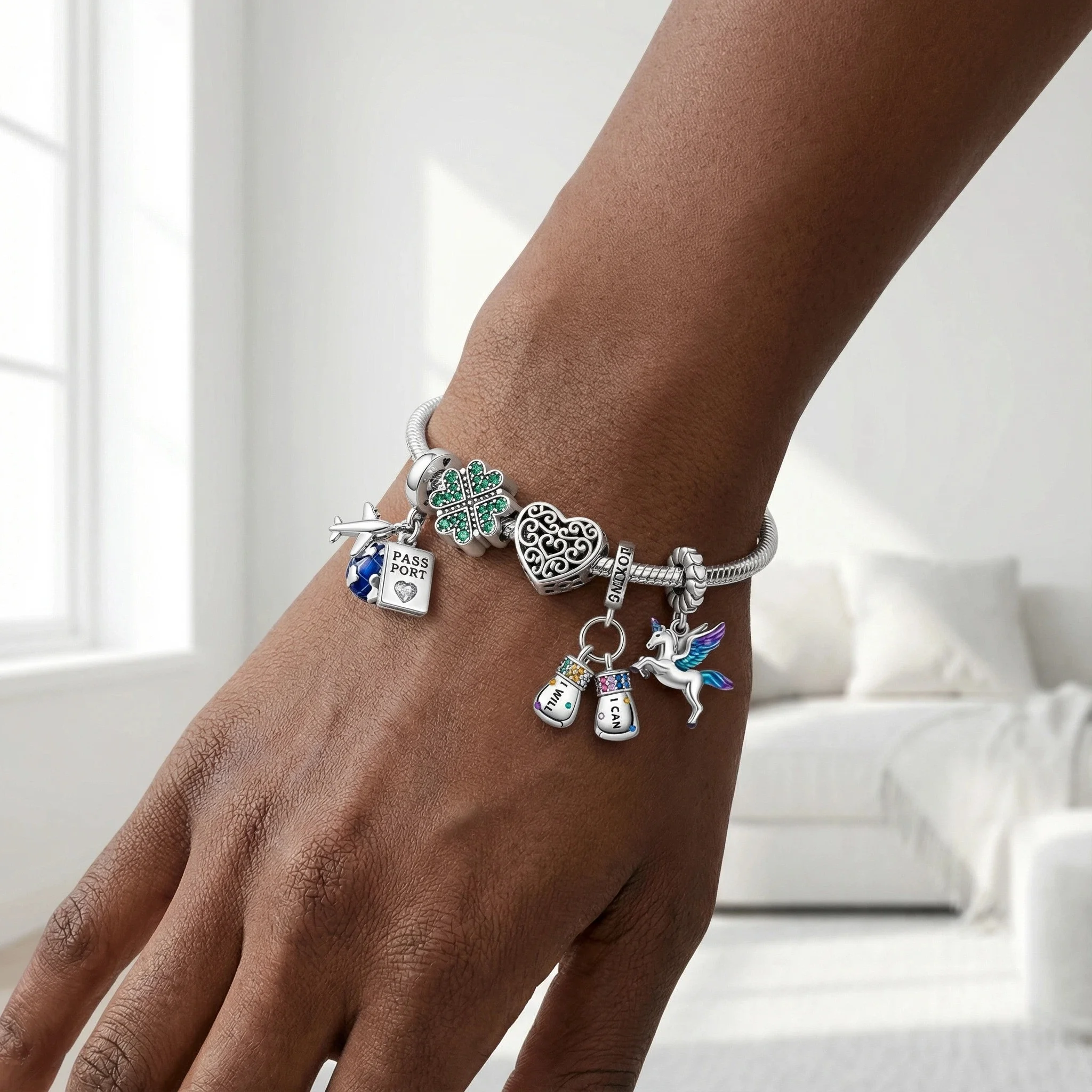 

Подвеска-талисман из стерлингового серебра 925 пробы с единорогом и клевером, инкрустированная кубическим цирконием, для браслетов и ожерелий своими руками, подарок для нее, Colgante Plata