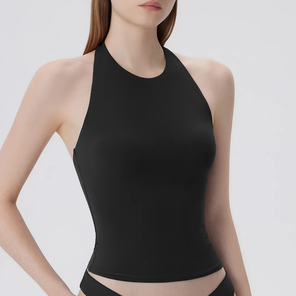 Damen Neckholder-Crop-Tanktop, ärmellos, hoher Kragen, rückenfrei, schmal geschnitten, einfarbig, gestricktes Camisole, Sommer, Casual, Basic, Y2K-Top, Weste – Detail 9