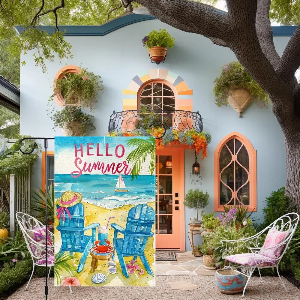 Hello Summer Garden Flag 12x18 Inch Double Sided Small Burlap Summer Beach Outdoor Yard Decor Adirondack Chairs Crab Seashel PPZ