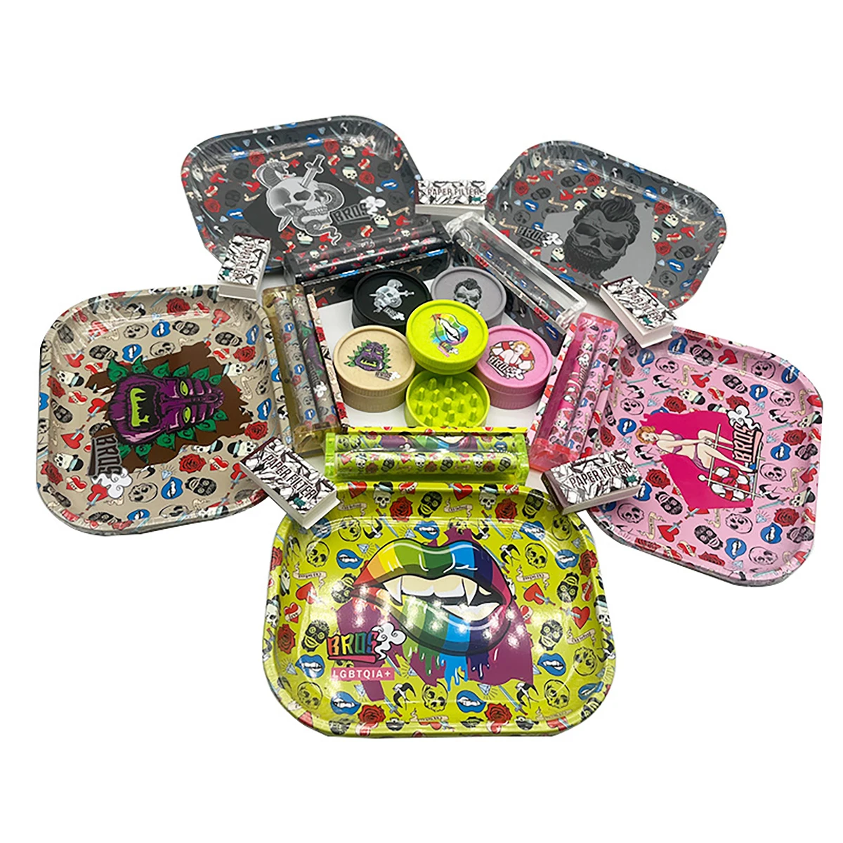 Coffret cadeau de plateau roulant en métal noir de qualité supérieure à motif de crâne - comprend un cendrier, une pince à épiler et une brosse de nettoyage en métal - Parfait pour une utilisation à