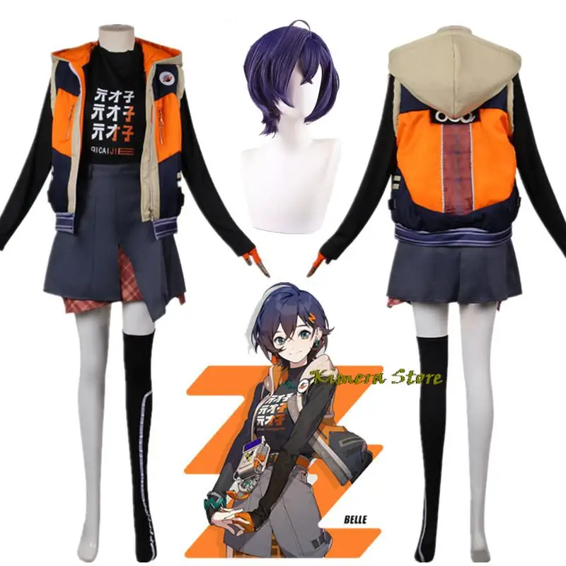 Game Zenless Zone Zero Belle Cosplay Costume Wigs Dark Blue Wig Game Suit Fashion Top Shorts Halloween Carnival Party Outfit New