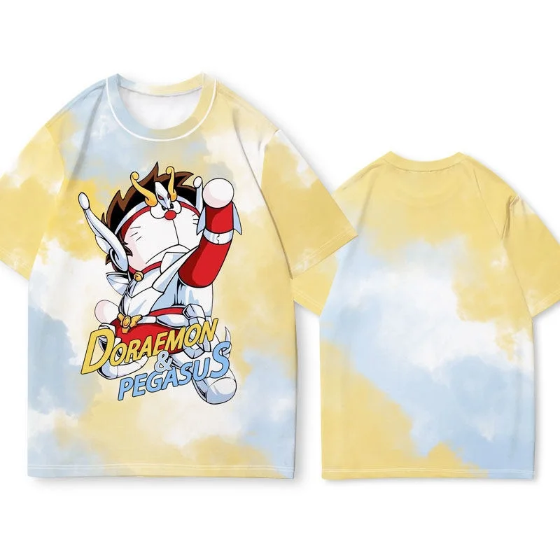 Camiseta de manga corta de moda Bandai Dingdang Cat Saint Seiya con diseño degradado de anime Doraemon, transpirable y cómoda