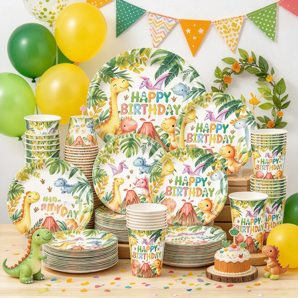 10-100pcs Multiple Patterns Dinosaur Birthday Party Disposable Paper Plates Cups Snack Trays Jurassic Dino Theme Party Supplies