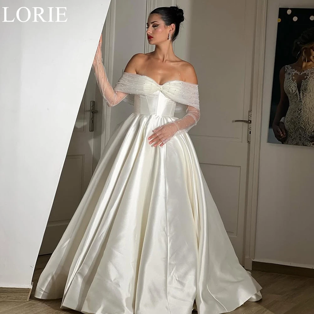 

LORIE Elegant Ivory Satin Wedding Dresses A-Line Off Shoulder Beading Pleated Bride Prom Gown Charming Bridal Gowns Customized