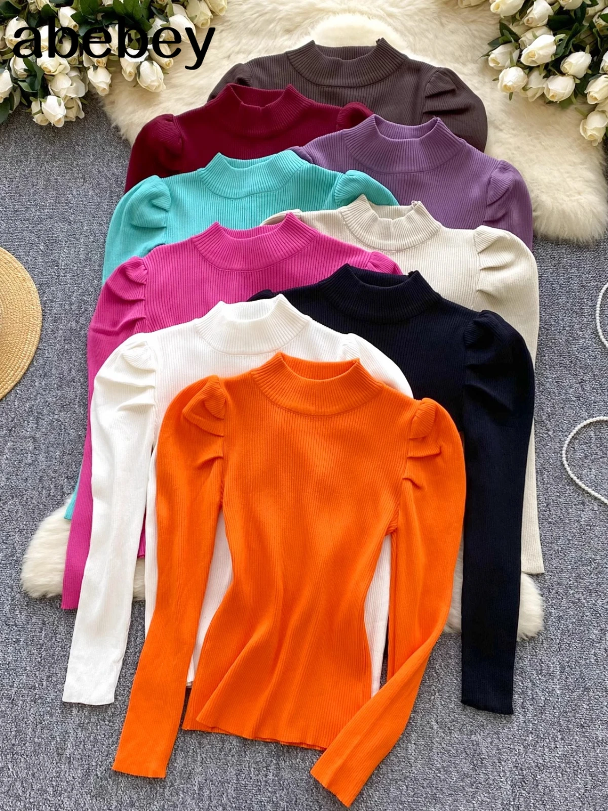 2025 New Autumn Winter Women Simplicity Half High Collar Long Sleeve Sweaters Folds Shoulder Solid Multi Color Pullovers Tops