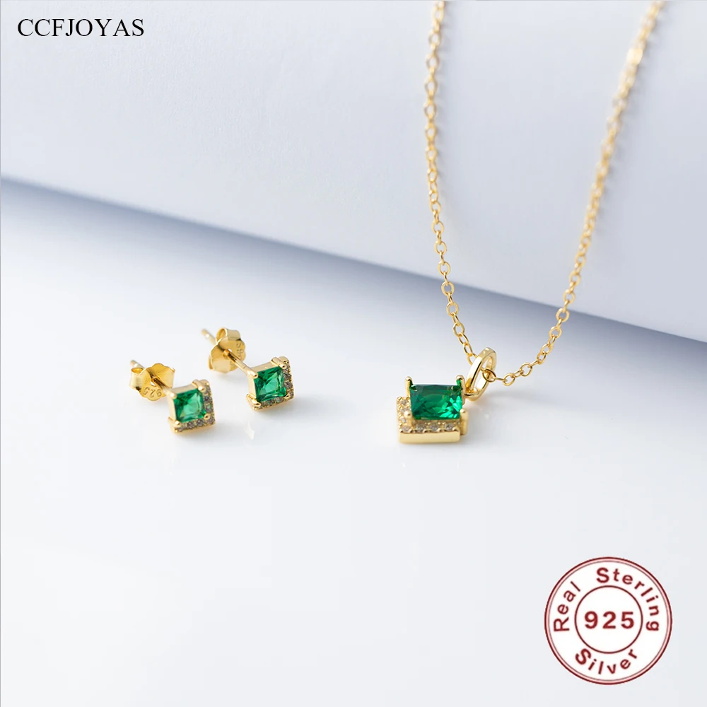 

CCFJOYAS 100% 925 Sterling Silver Emerald Square Stud Earrings 18k Gold Plated Retro Pendant Necklace Jewelry Set