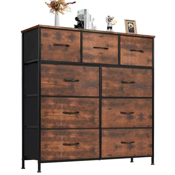 Dresser for Bedroom with 9 Fabric Drawers, Tall Chest Organizer Units for Clothing, Closet, Storage Tower with Cabinet, Metal Fr