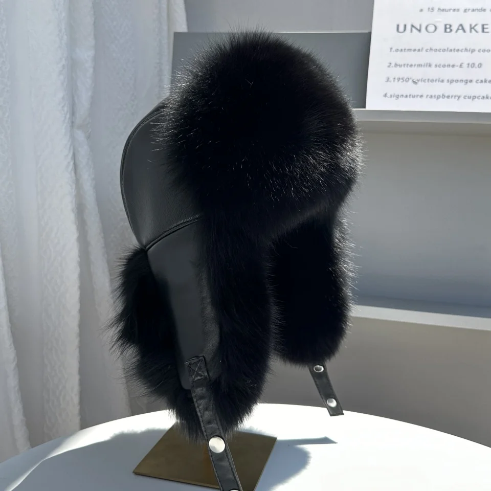 New 100% Genuine Fox Fur Ear-Protecting Hat Men Real Raccoon Fur Hat Women Winter Warm Fur Real Sheep Leather Snow Hat