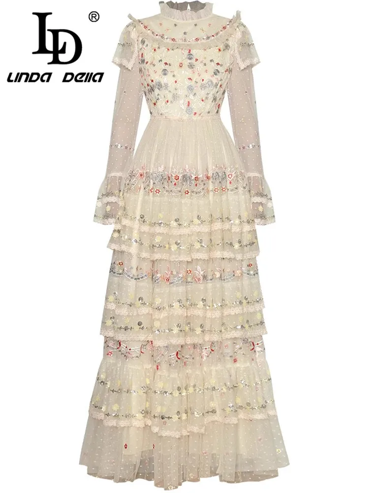 LD LINDA DELLA Vintage Autumn Winter Women's Dress Stand Collar Fashion Flare Sleeved Embroidery Design Ball Gown Dresses