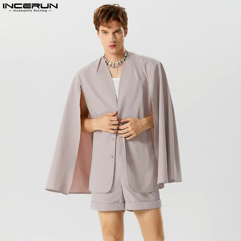 INCERUN 2024 American Style New Men\'s Stylish Sets Long Sleeved Cardigan Cape Shorts See-through Collarless Two-piece Sets S-5XL