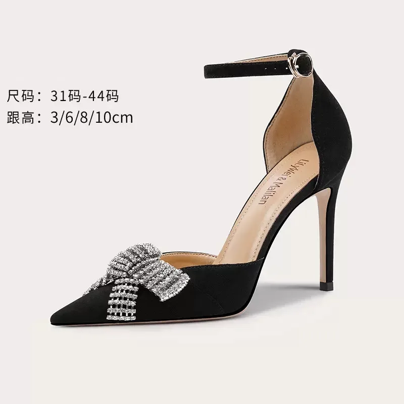 

Spring and summer new pointy fleece diamond bow sandals thin high-heeled party dress versatile large small women's single shoes