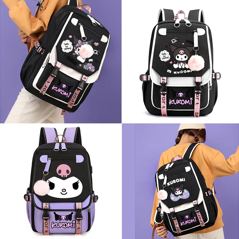 

Школьная сумка Kuromi для мальчиков и девочек, USB-зарядка для ноутбука, рюкзак с героями мультфильмов, женский и мужской рюкзак, милая повседневная дорожная сумка, Mochila Bookbag