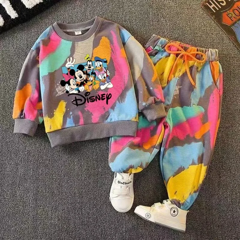 

Осенний комплект детской одежды для девочек, детские толстовки с принтом тай-дай Диснея, топ и штаны, нижний костюм из 2 предметов, детские спортивные костюмы с длинными рукавами